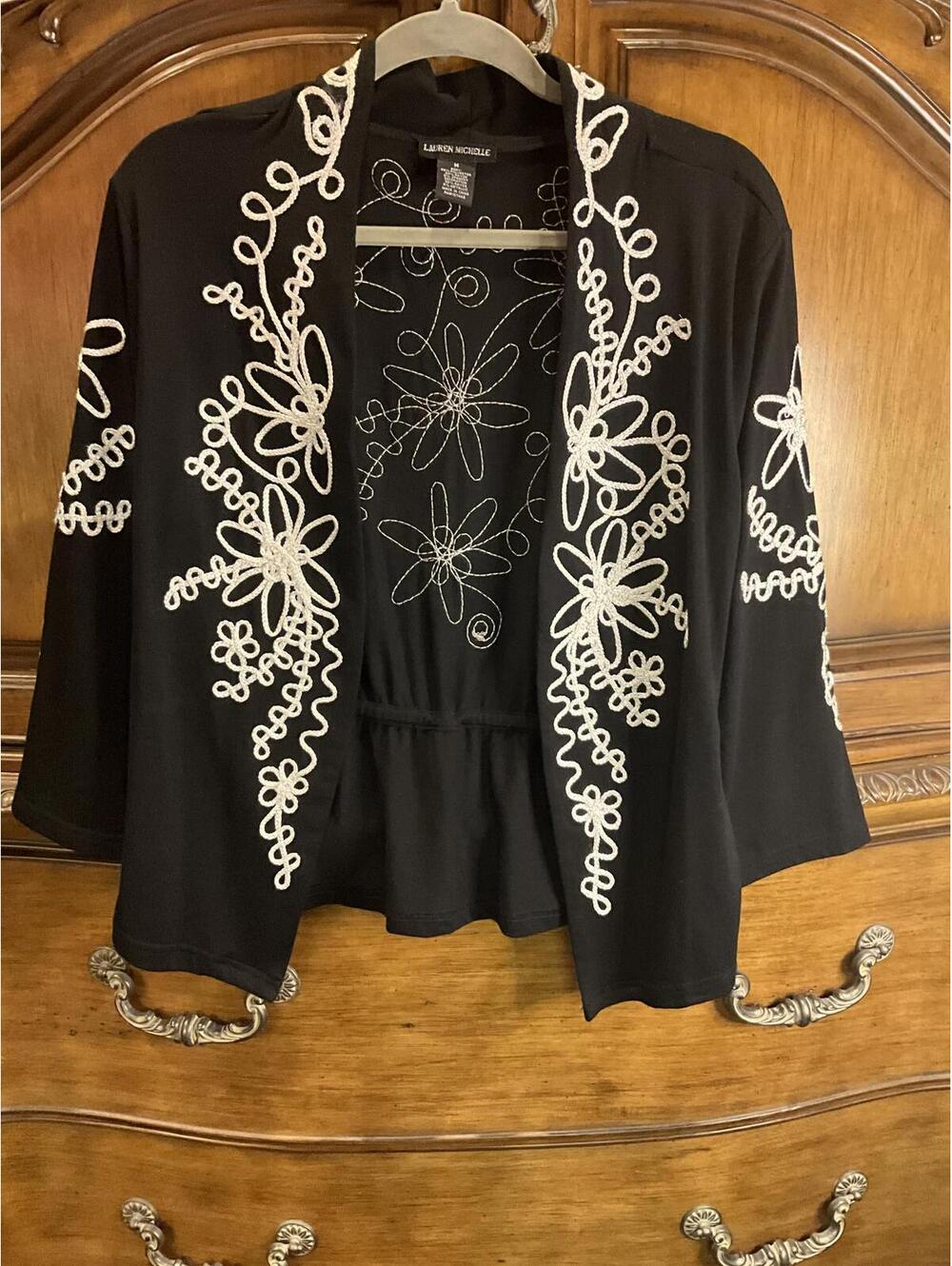 Open Front Cardigan Jacket Soutache Embroidery 3/4 Sleeve